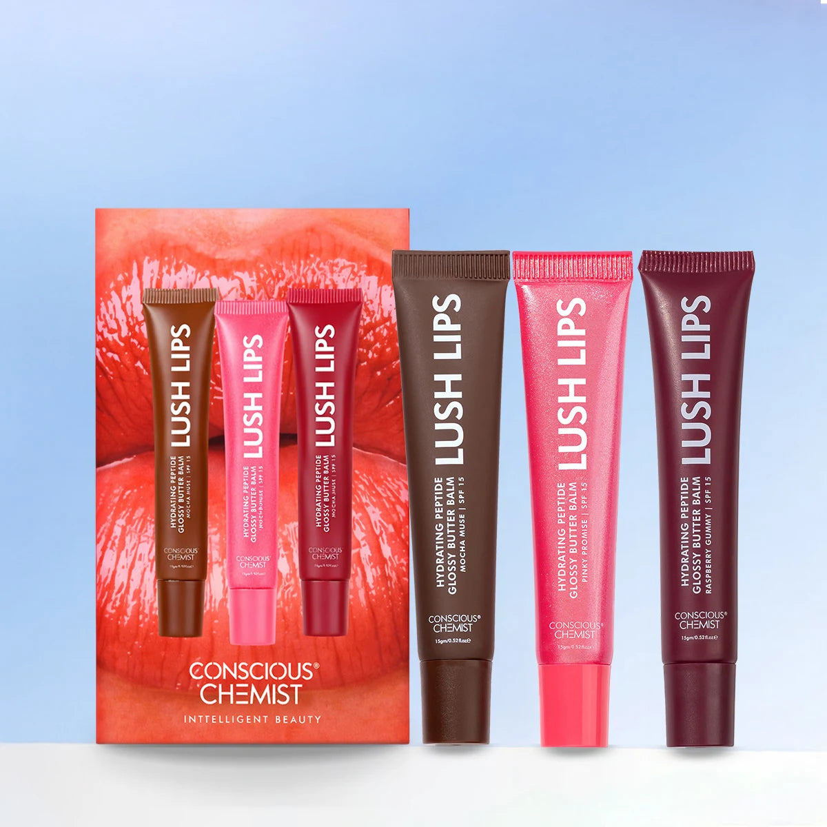 Lush Lips Trio | Mocha Muse + Pinky Promise + Raspberry Gummy | Glossy Peptide Lip Balm | 15 gms