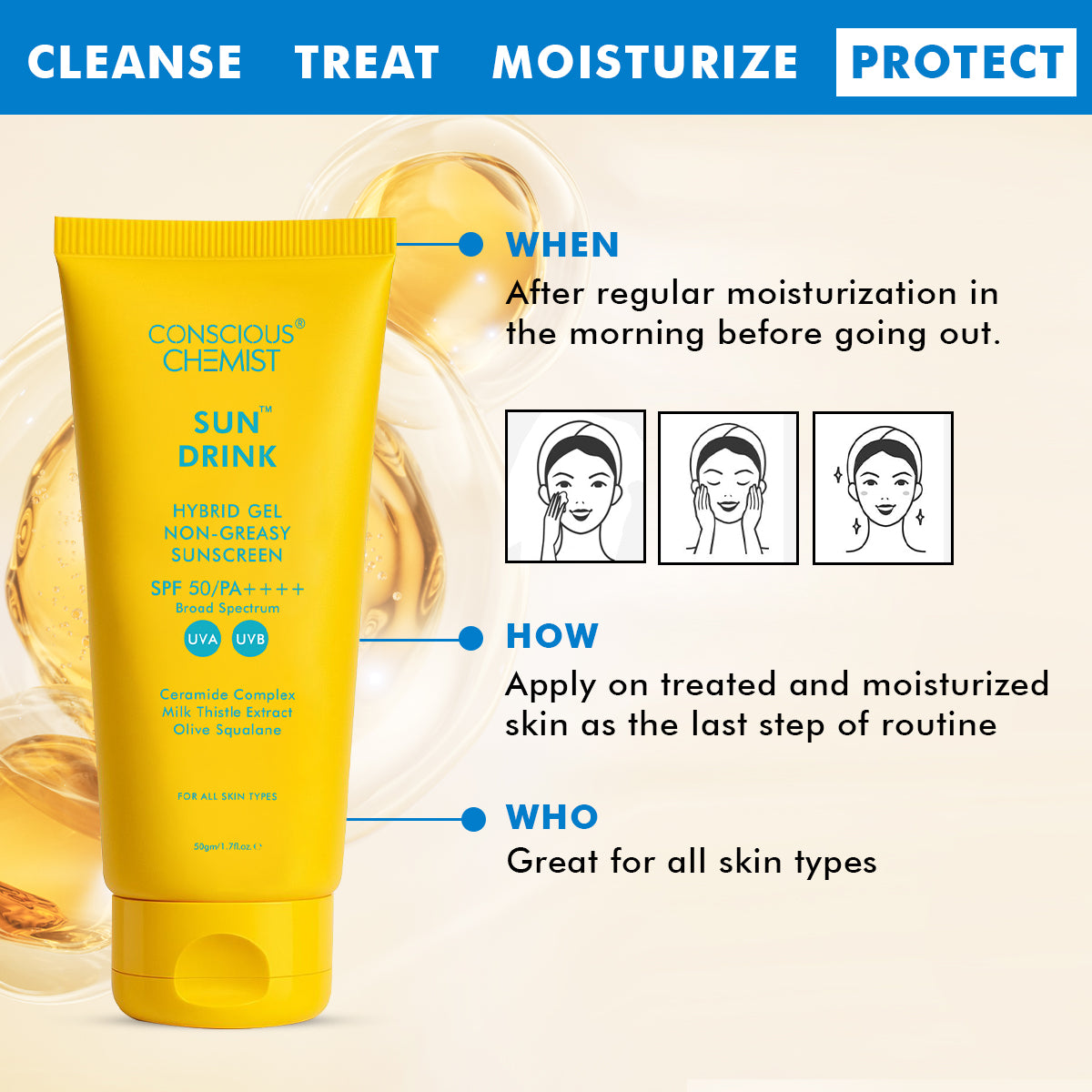 Ceramide Sunscreen | SPF50 PA++++ | Dewy, Lightweight, & Oil-Free | 50 gm