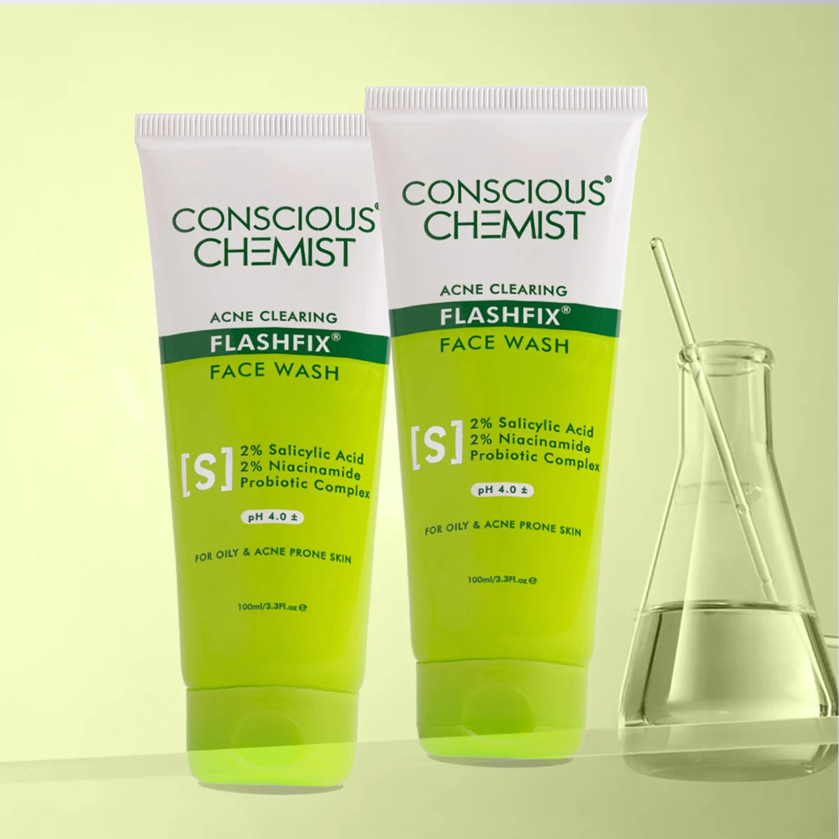 Flashfix Acne Clearing Face Wash (Pack Of 2) | AHA, BHA & CICA Extract | 2x100 ml