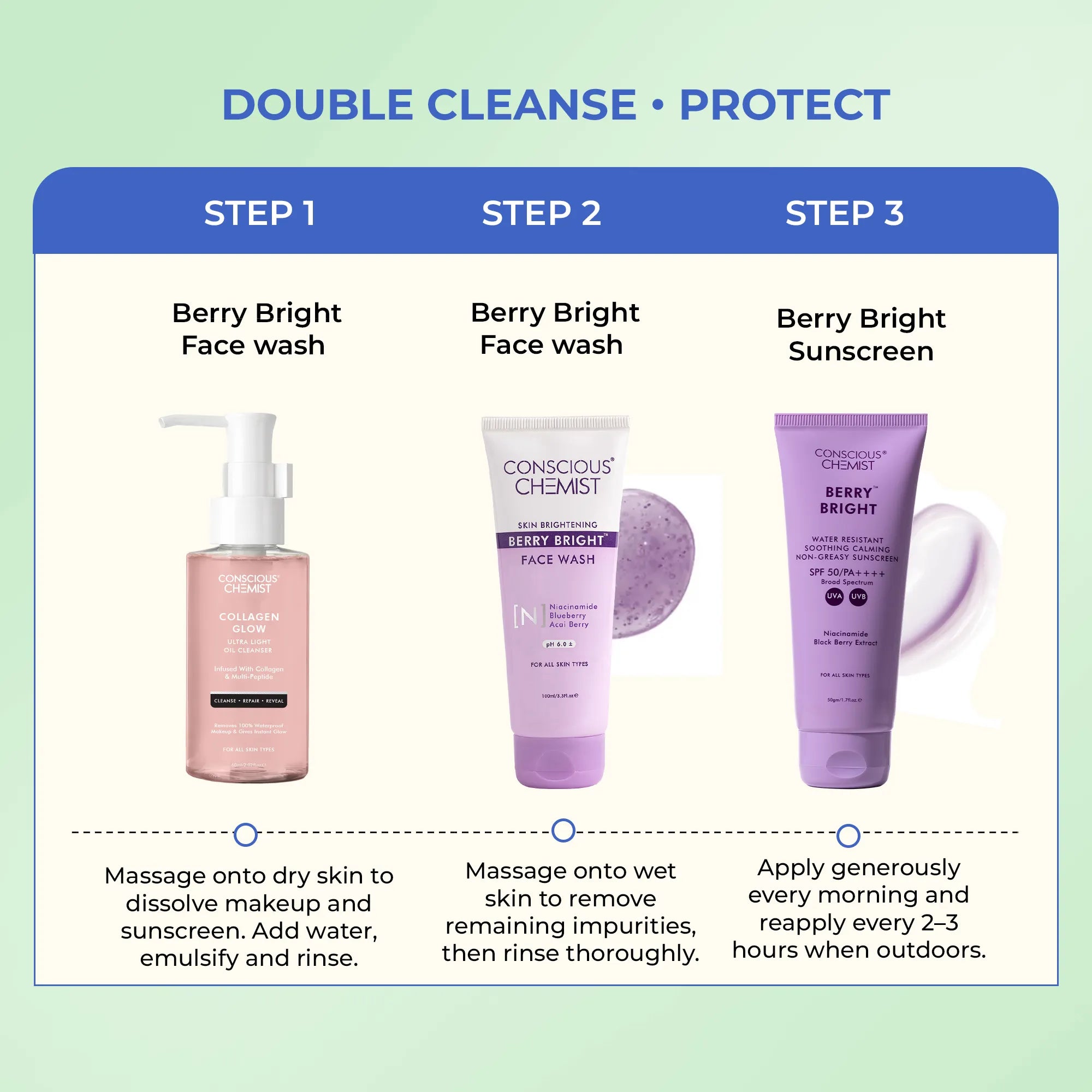 Brightening Double Cleanse Routine | Oil Cleanser, Face Wash & Sunscreen | Combo