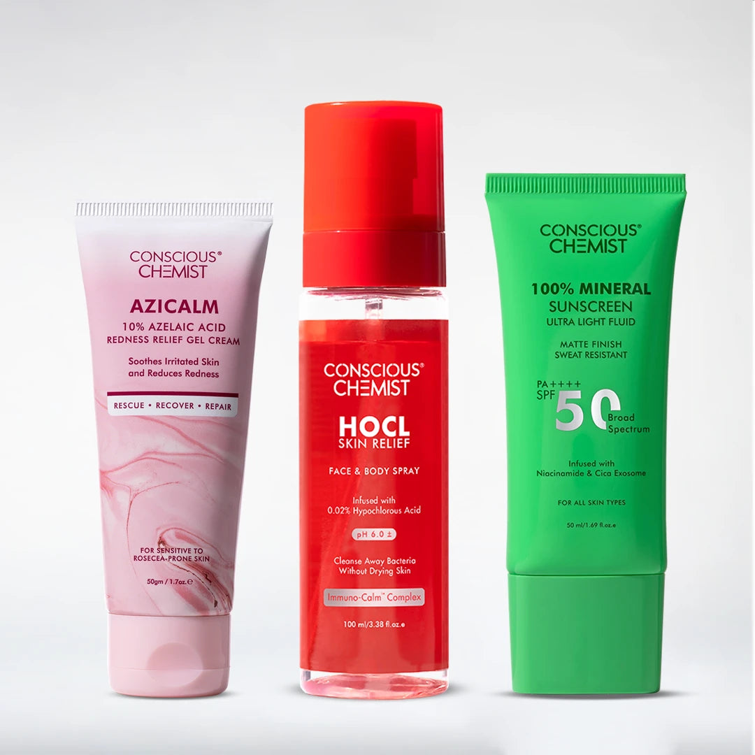 Redness Relief & Mineral Protection Routine | HOCL Spray, Azicalm & Sunscreen | Combo