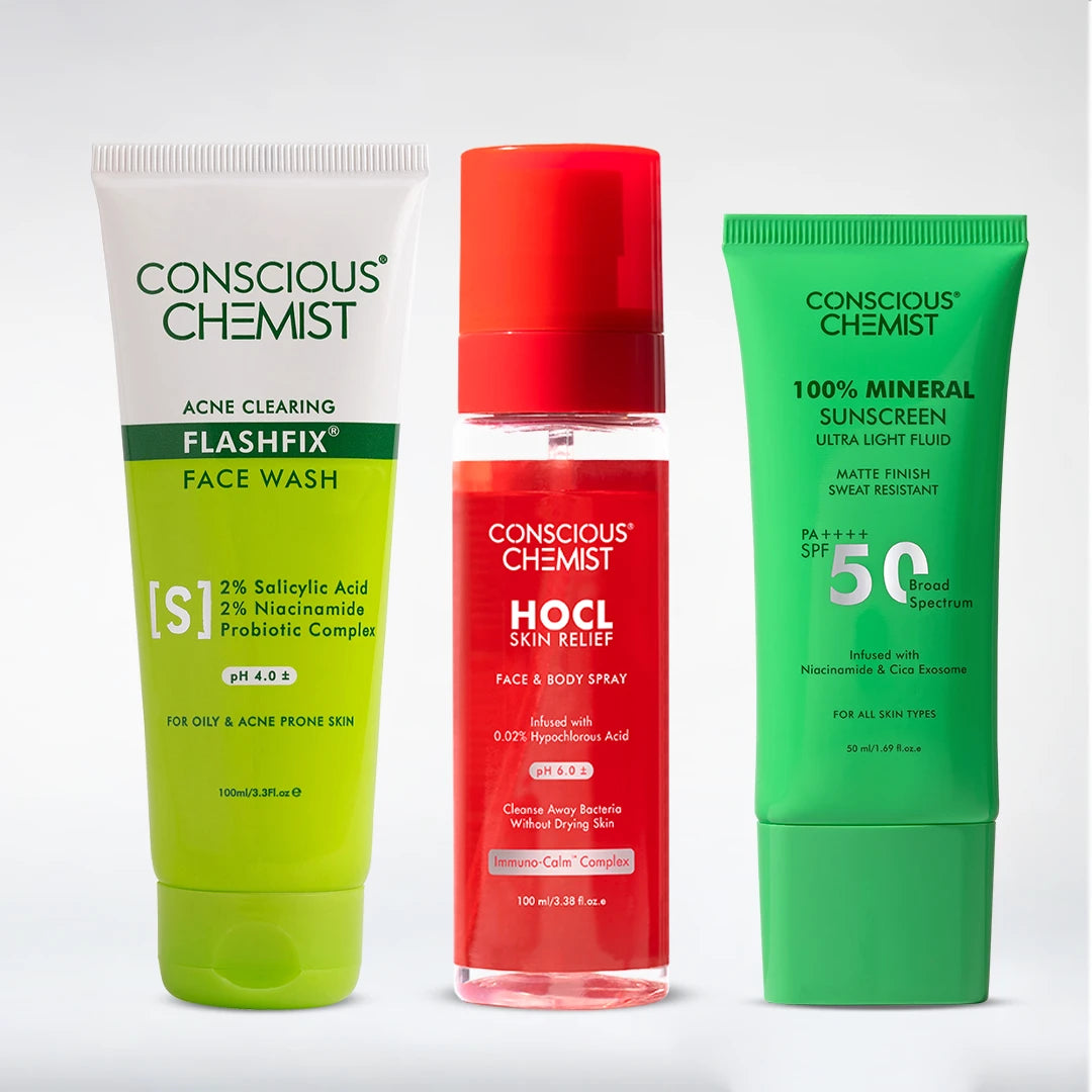 Acne Control Routine | FlashFix Face Wash, HOCL Spray & Mineral Sunscreen | Combo