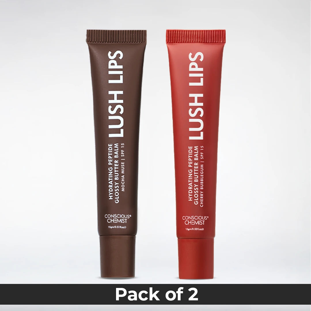Lush Lips | Glossy Peptide Lip Balms | Mocha Muse, cherry bubblegum | Pack of 2 | Special Deal