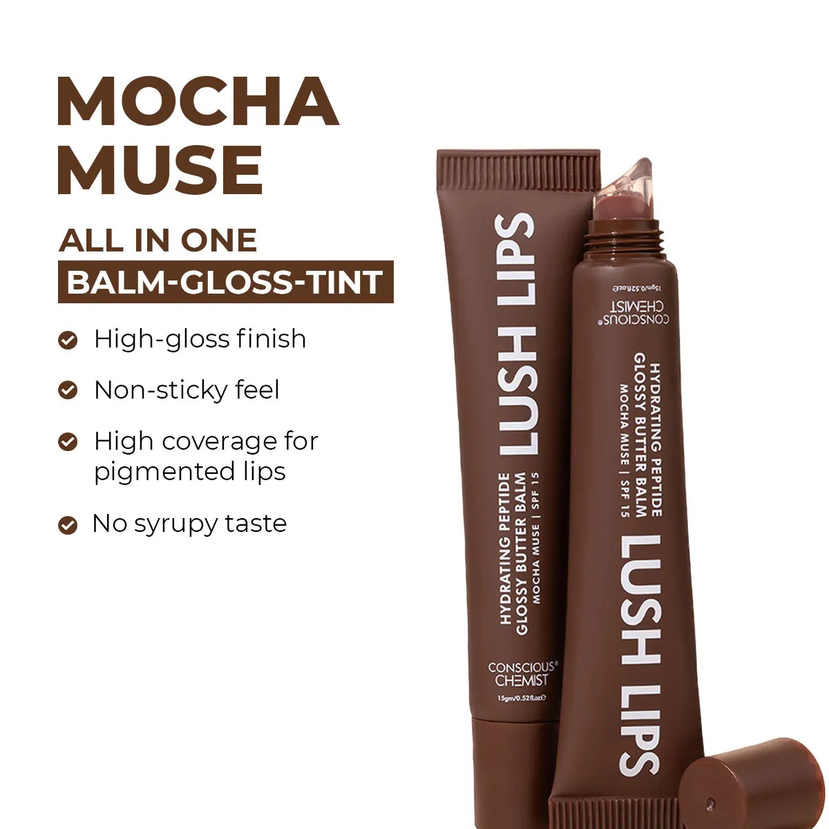 Glossy Peptide Lip Balm | Mocha Muse | Hydrates & Plumps | Lush Lips - 15 Gms