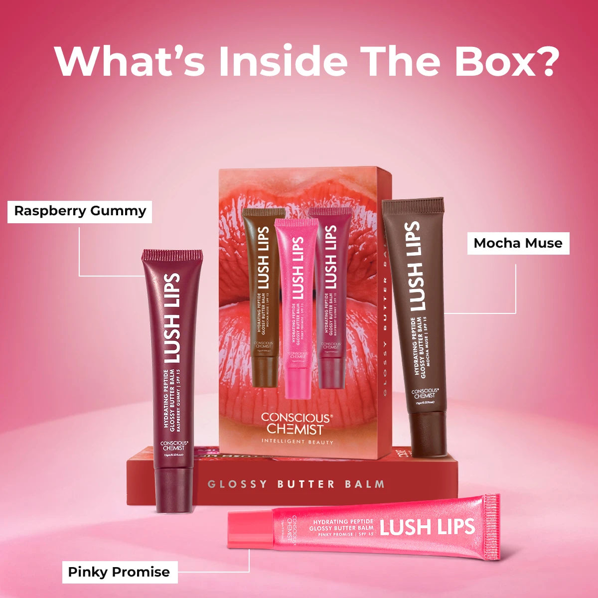 Lush Lips Trio | Mocha Muse + Pinky Promise + Raspberry Gummy | Glossy Peptide Lip Balm | 15 gms