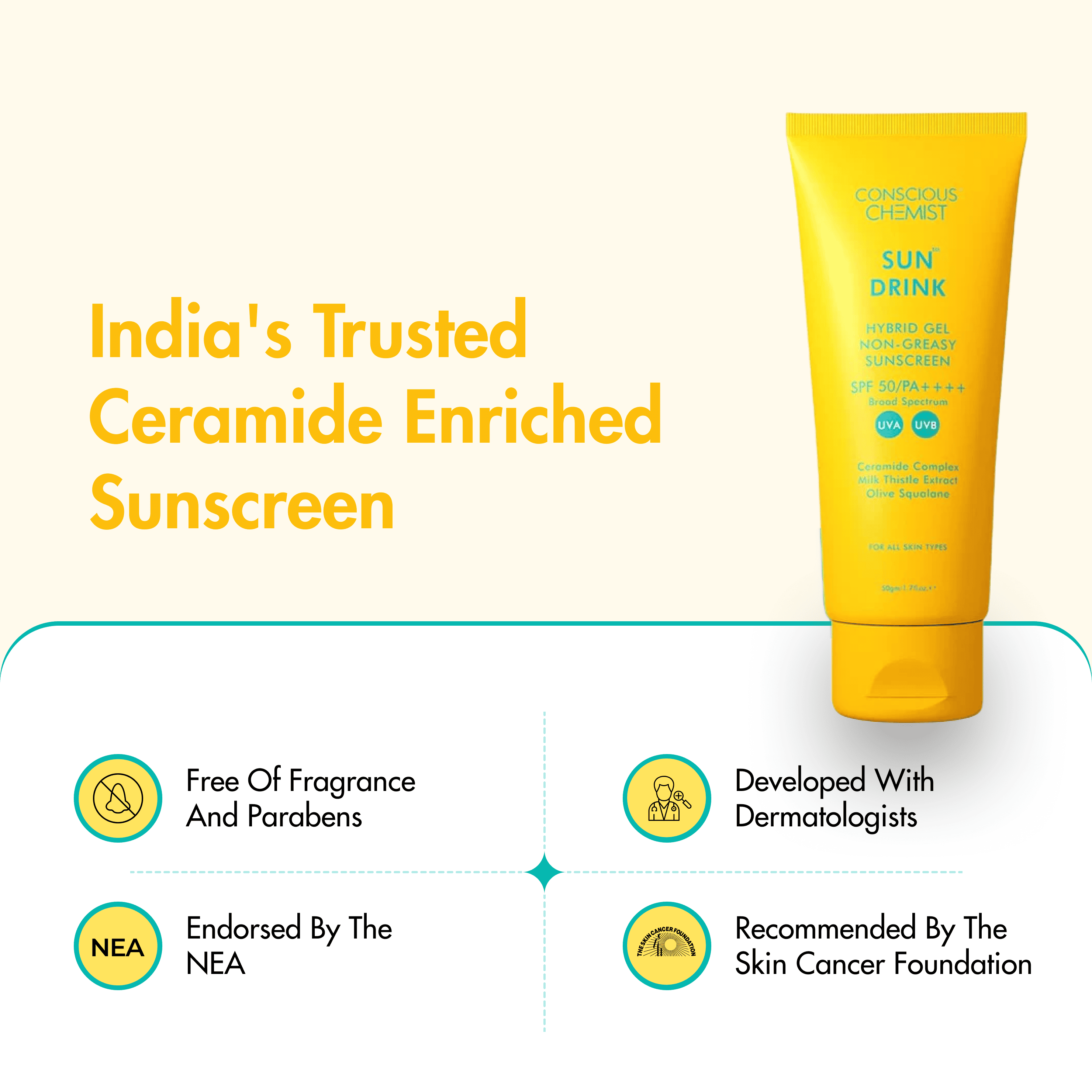 Ceramide Sunscreen | SPF50 PA++++ | Dewy, Lightweight, & Oil-Free | 50 gm