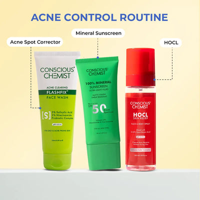 Acne Control Routine | FlashFix Face Wash, HOCL Spray & Mineral Sunscreen | flat 50