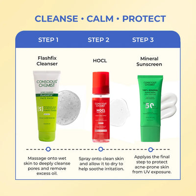 Acne Control Routine | FlashFix Face Wash, HOCL Spray & Mineral Sunscreen | flat 50