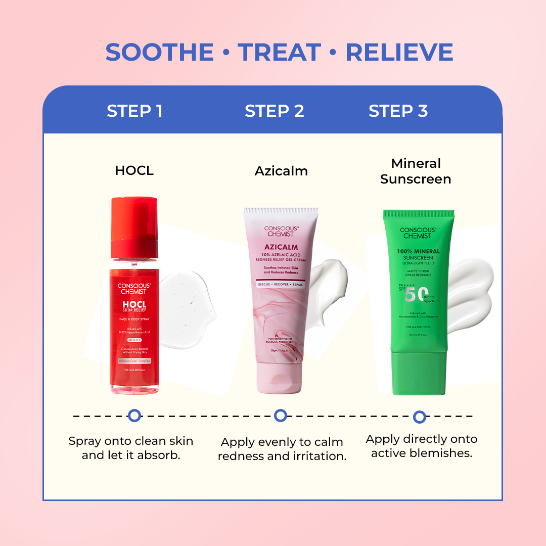 Redness Relief & Mineral Protection Routine | HOCL Spray, Azicalm & Sunscreen | Combo
