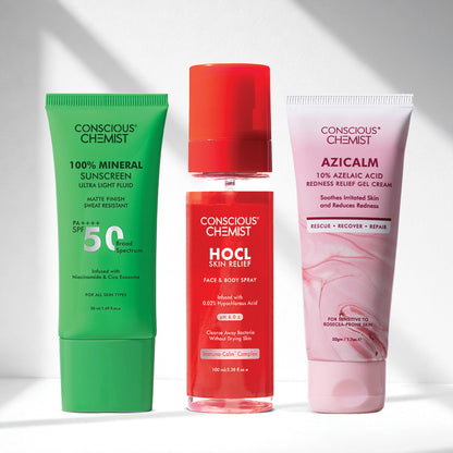 Redness Relief & Mineral Protection Routine | HOCL Spray, Azicalm & Sunscreen | Combo