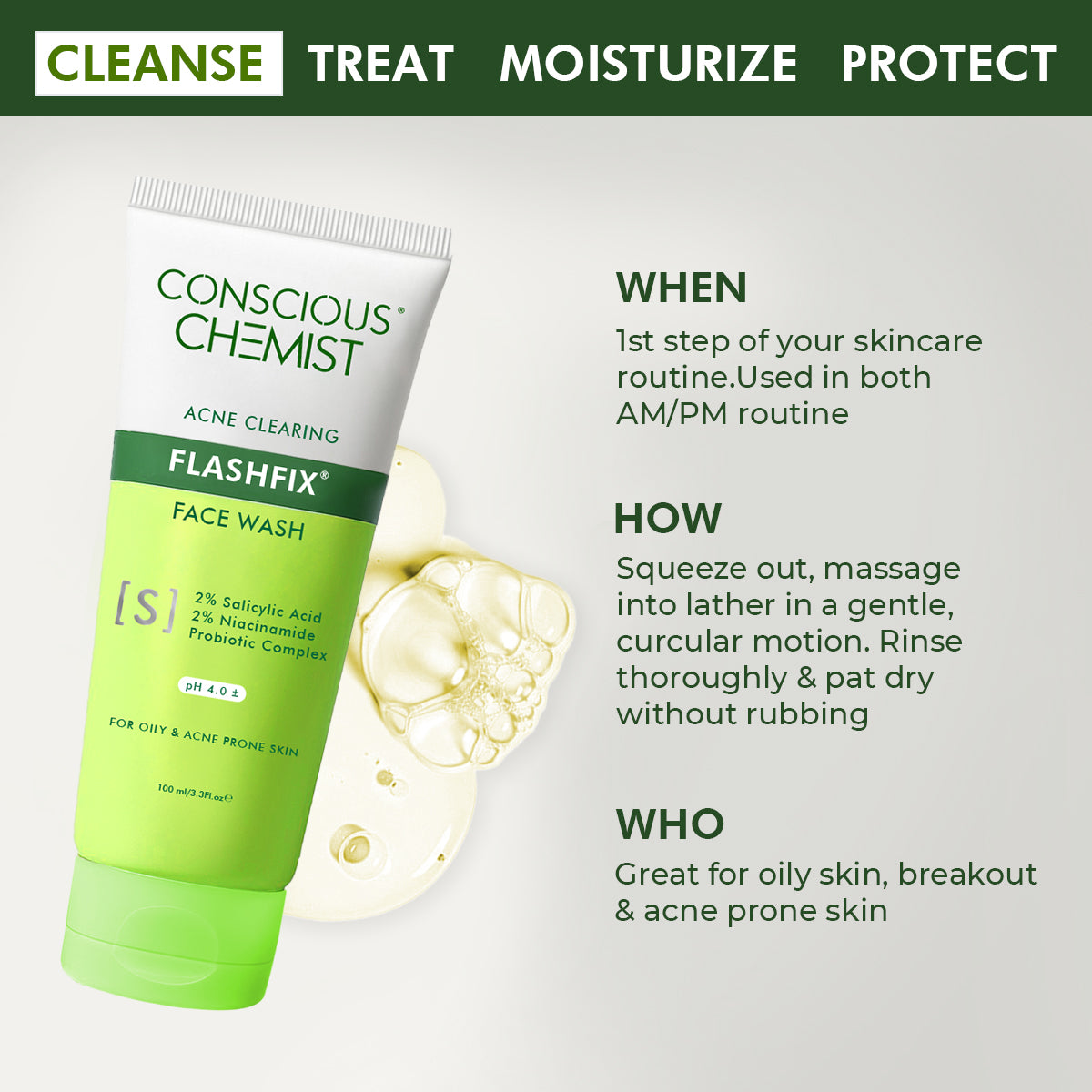 Oil Control & Acne Clearing Exfoliating Face Wash | AHA, BHA & CICA Extract | 100 ml