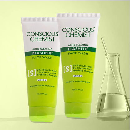 Flashfix Acne Clearing Face Wash (Pack Of 2)  | AHA, BHA & CICA Extract | 2x100 ml