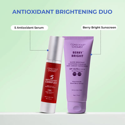 Antioxidant Brightening Duo | 5 Antioxidant Serum & Berry Bright Sunscreen | flat 50