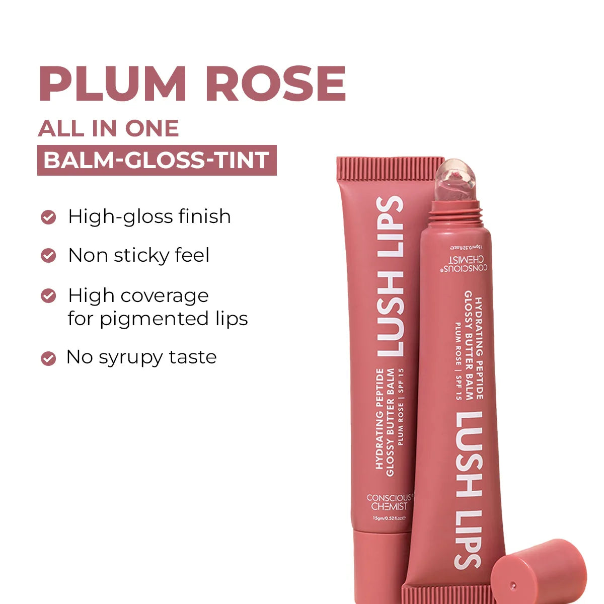 Glossy Peptide Lip Balm | Plum Rose | Hydrates & Plumps | Lush Lips - 15 Gms