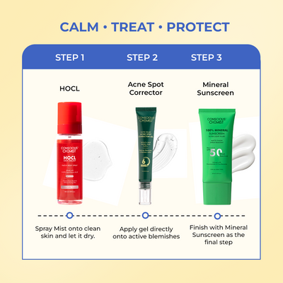 Acne Relief Routine | HOCL Spray, Acne Spot Corrector & Mineral Sunscreen | Flat 50