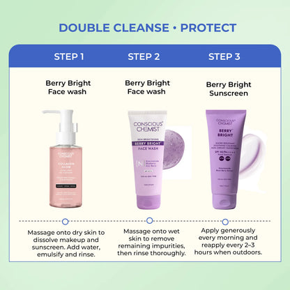 Brightening Double Cleanse Routine | Oil Cleanser, Face Wash & Sunscreen | Combo