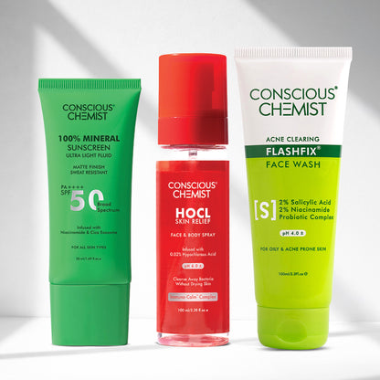 Acne Control Routine | FlashFix Face Wash, HOCL Spray & Mineral Sunscreen | Combo