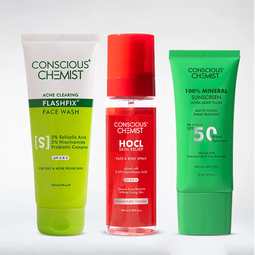 Acne Control Routine | FlashFix Face Wash, HOCL Spray & Mineral Sunscreen | flat 50