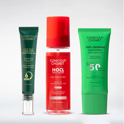 Acne Relief Routine | HOCL Spray, Acne Spot Corrector & Mineral Sunscreen | Flat 50